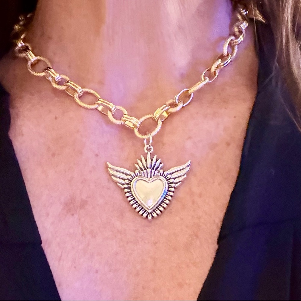 Gold and Silver chunky Heart Pendant Necklace - Picture 6 of 8